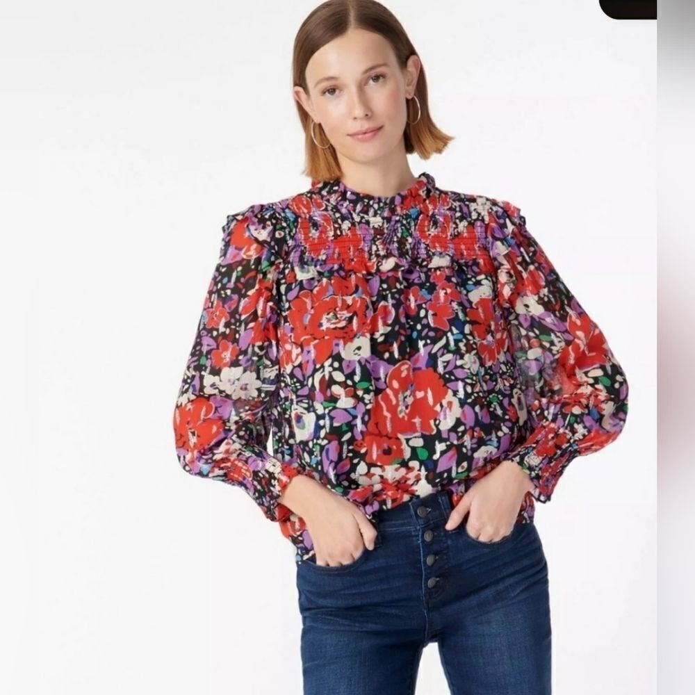 J CREW Smocked Popover‎ Top in Lurex Dot Floral Print - Size Medium